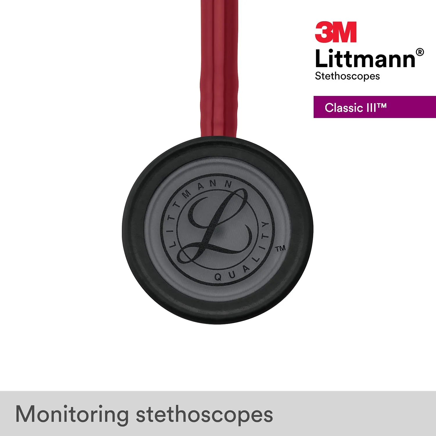 3M Littmann Classic III Monitoring Stethoscope, Black-Finish Chestpiece, stem and headset, Burgundy Tube, 27 inch, 5868