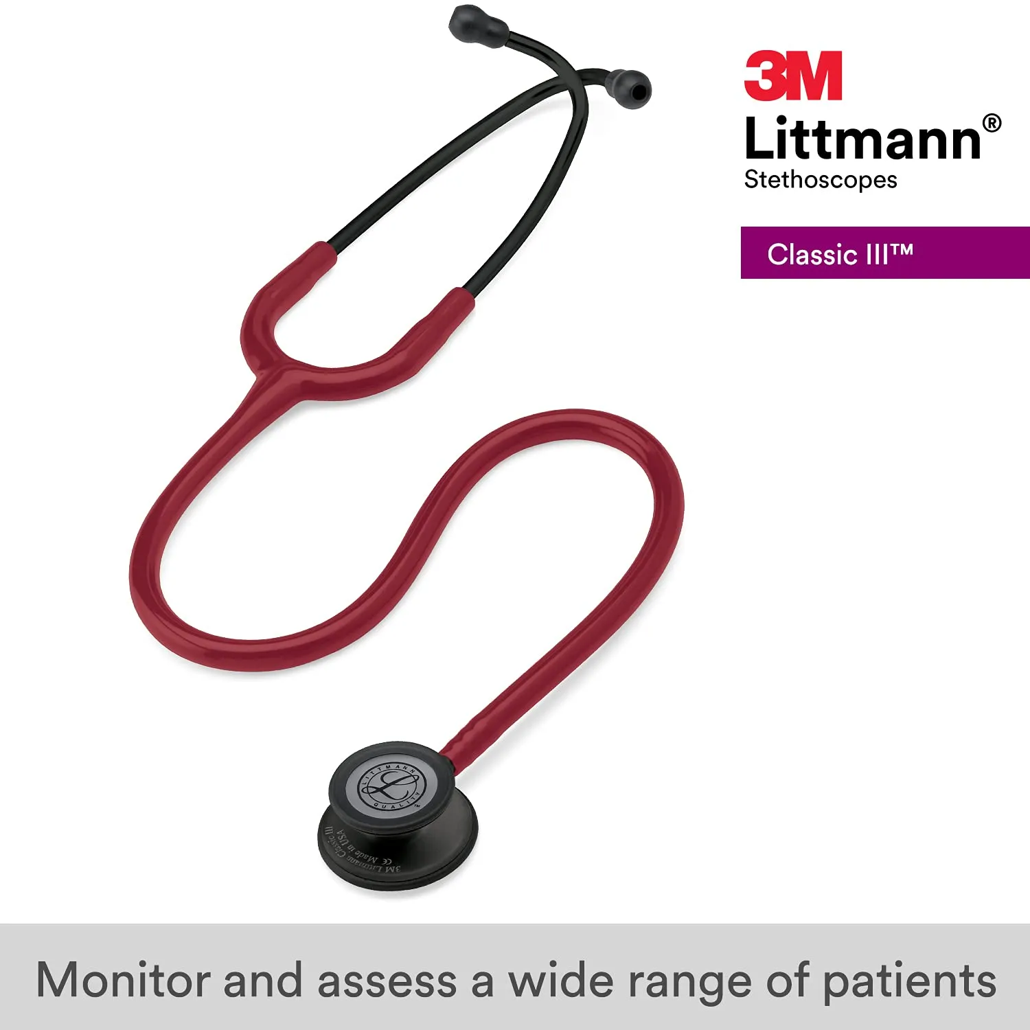 3M Littmann Classic III Monitoring Stethoscope, Black-Finish Chestpiece, stem and headset, Burgundy Tube, 27 inch, 5868