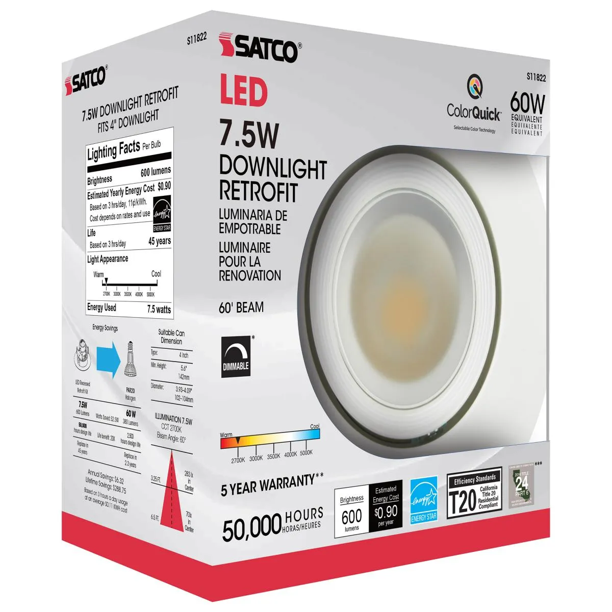 4 inch Gimbal LED Downlight Retrofit, 7 Watts, 600 Lumens, Selectable 2700K to 5000K, Baffle Trim