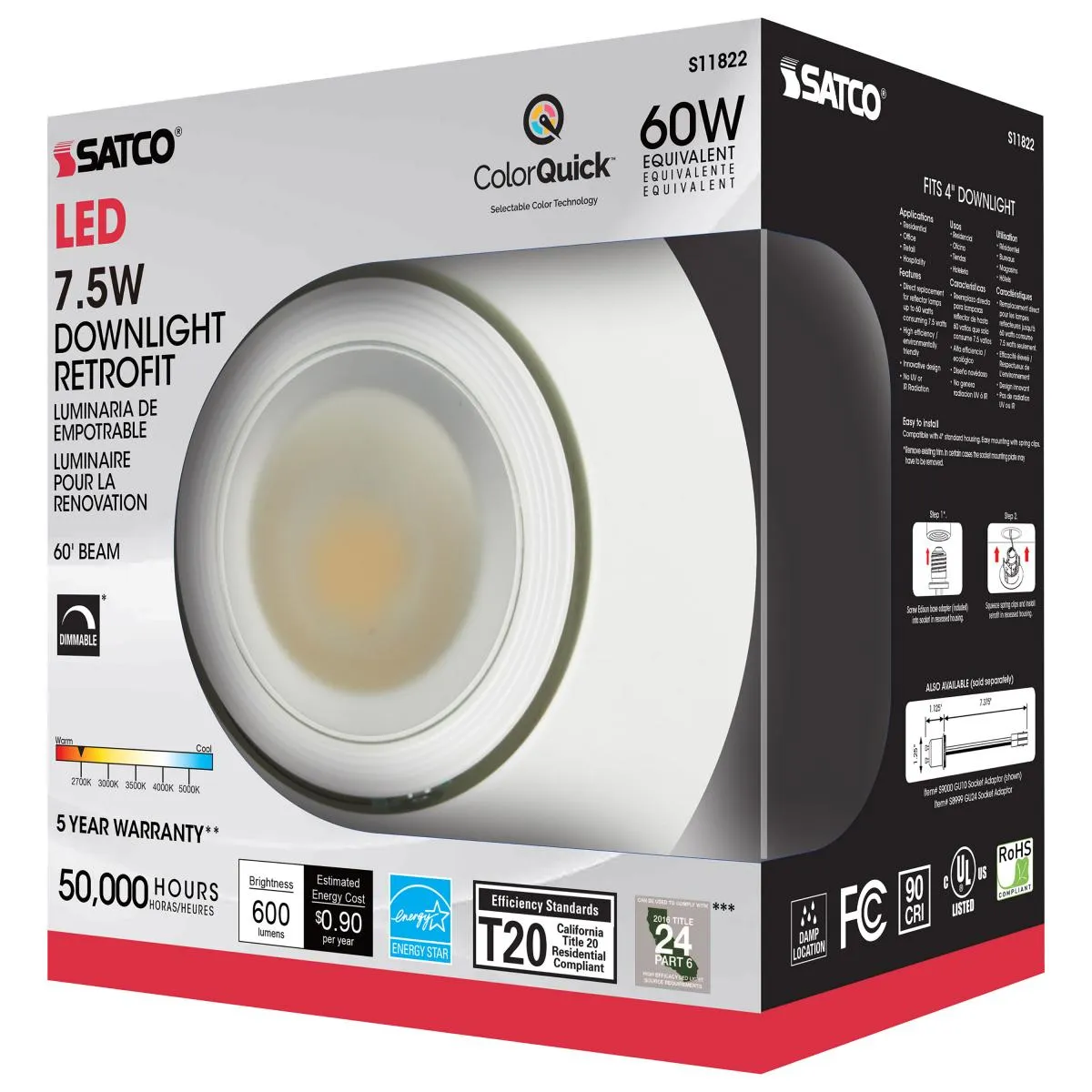 4 inch Gimbal LED Downlight Retrofit, 7 Watts, 600 Lumens, Selectable 2700K to 5000K, Baffle Trim