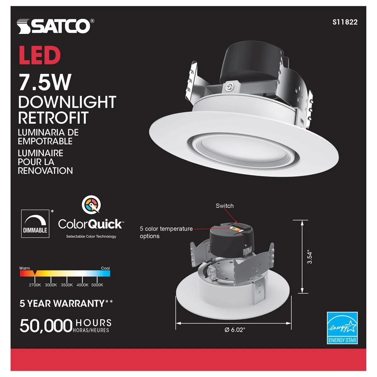 4 inch Gimbal LED Downlight Retrofit, 7 Watts, 600 Lumens, Selectable 2700K to 5000K, Baffle Trim