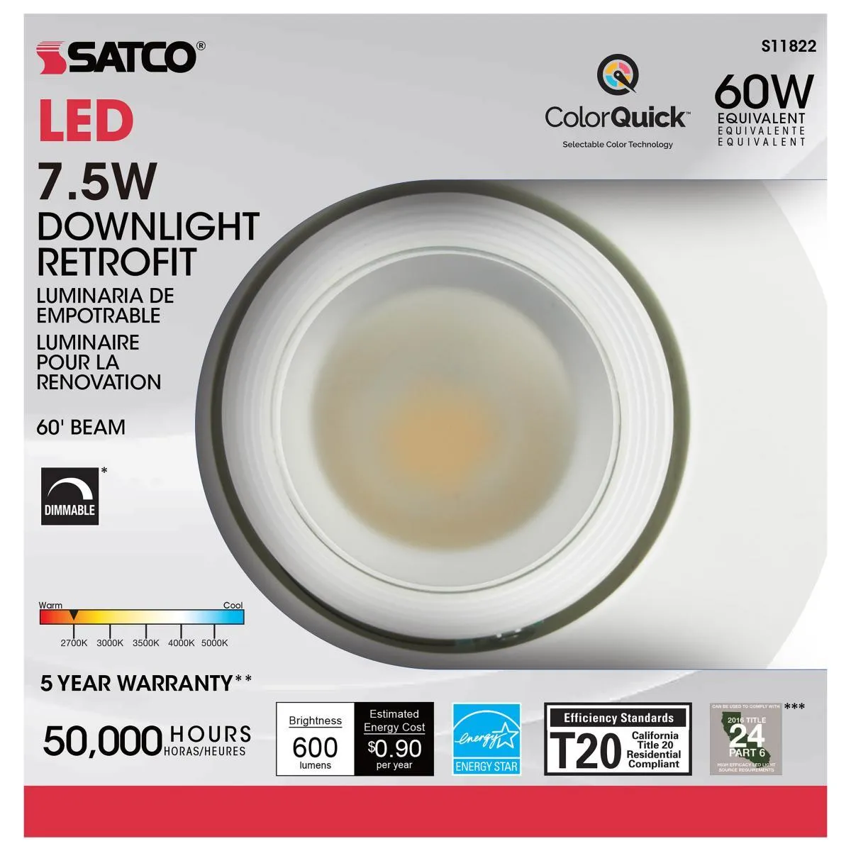 4 inch Gimbal LED Downlight Retrofit, 7 Watts, 600 Lumens, Selectable 2700K to 5000K, Baffle Trim