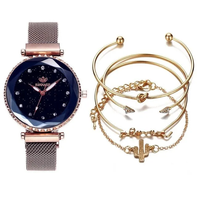 5pc/set Luxury Brand Women Watches Starry Sky Magnet Watch Buckle Fashion Casual Female Wristwatch Roman Numeral Simple Bracelet