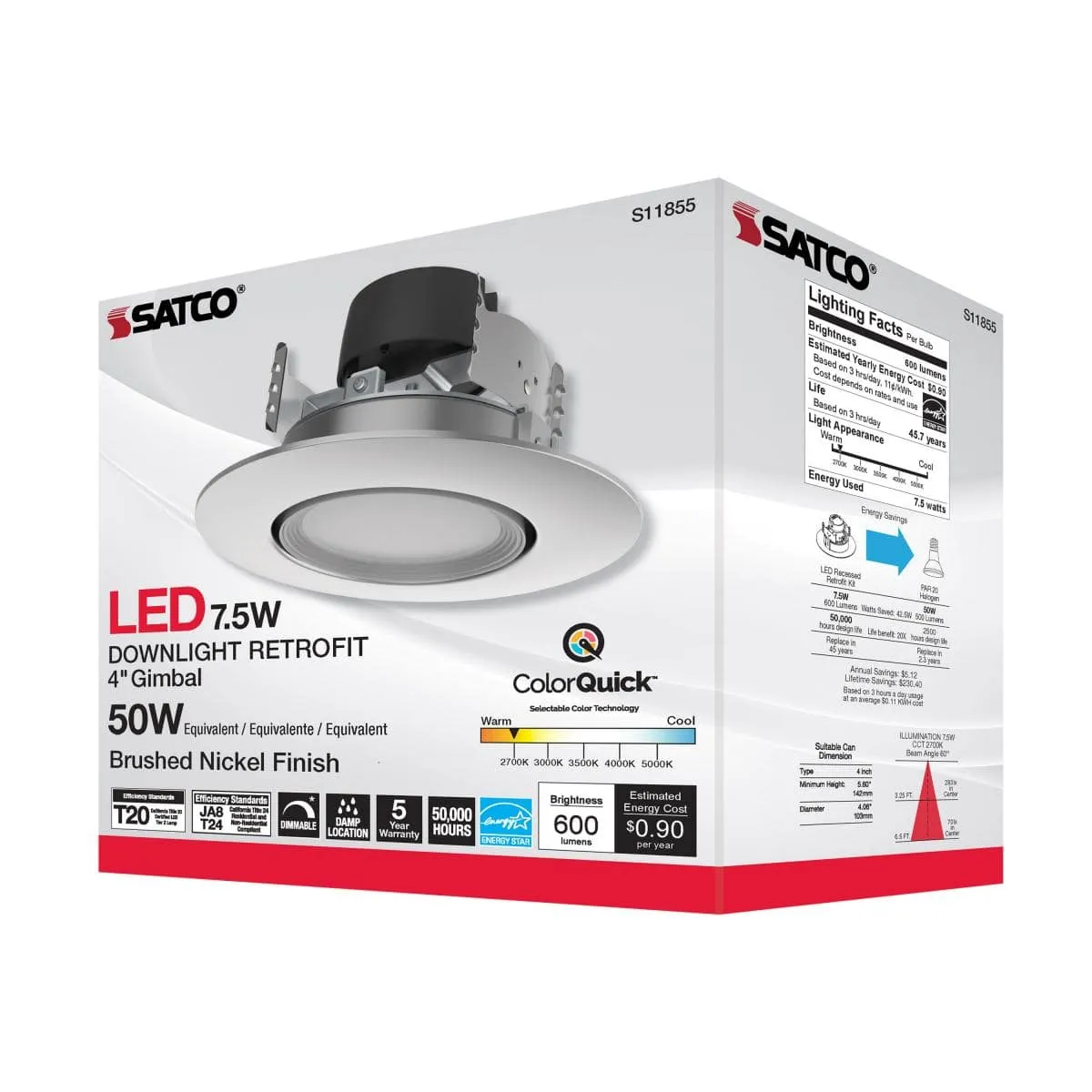 7.5 Watt; LED Retrofit Downlight; Gimbaled; 120 Volt; CCT Selectable; Brushed Nickel Finish