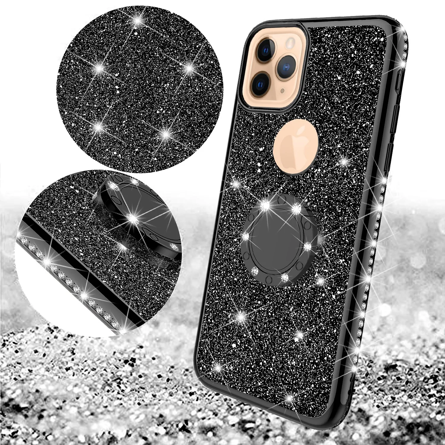 Apple iPhone 12 Case, Glitter Cute Phone Case Girls with Kickstand,Bling Diamond Rhinestone Bumper Ring Stand Sparkly Luxury Clear Thin Soft Protective Apple iPhone 12 Case for Girl Women - Black