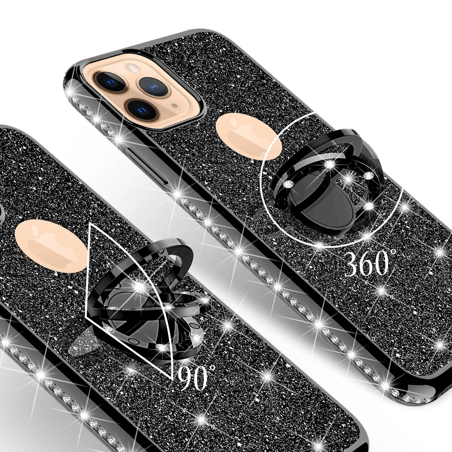 Apple iPhone 12 Case, Glitter Cute Phone Case Girls with Kickstand,Bling Diamond Rhinestone Bumper Ring Stand Sparkly Luxury Clear Thin Soft Protective Apple iPhone 12 Case for Girl Women - Black