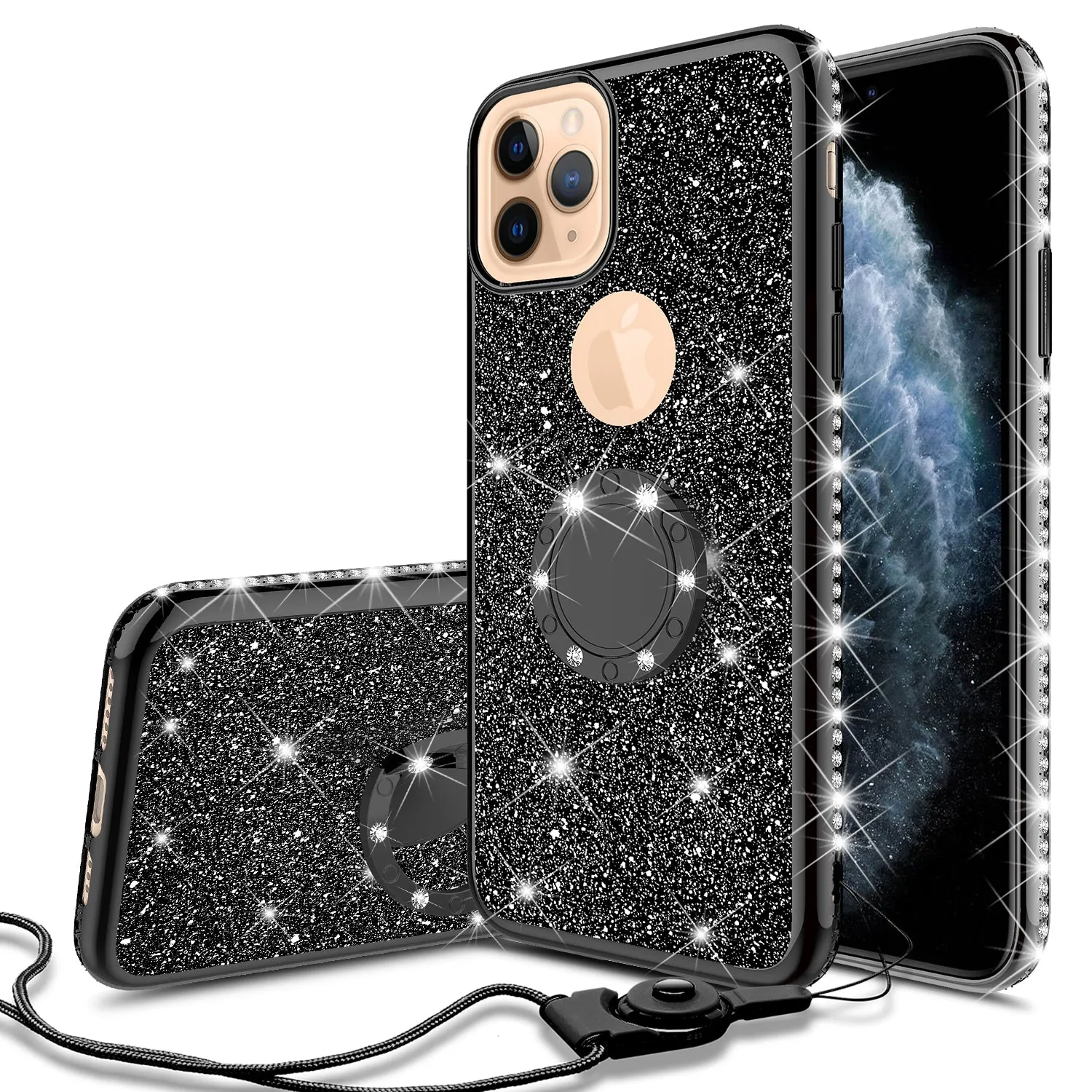 Apple iPhone 12 Case, Glitter Cute Phone Case Girls with Kickstand,Bling Diamond Rhinestone Bumper Ring Stand Sparkly Luxury Clear Thin Soft Protective Apple iPhone 12 Case for Girl Women - Black