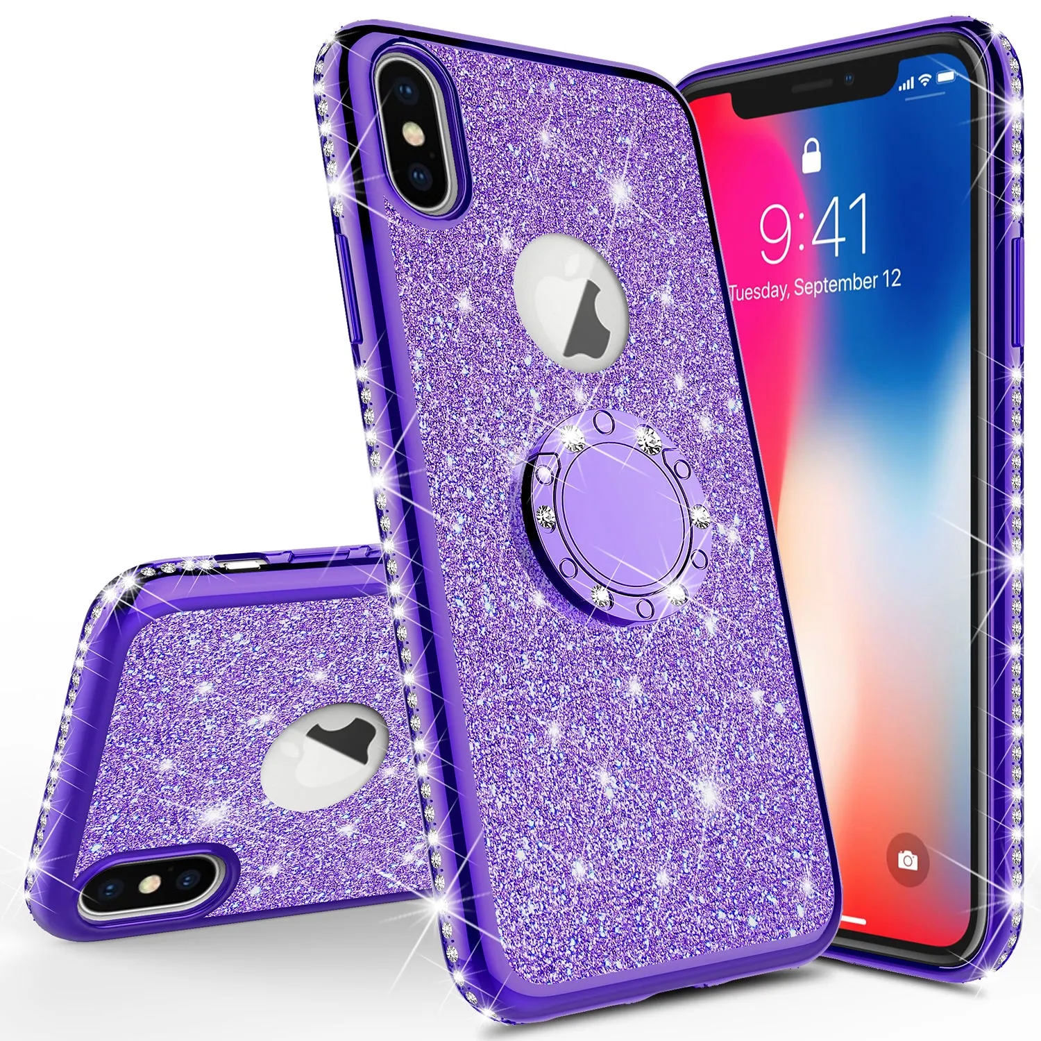 Apple iPhone X , iPhone Ten Case, Glitter Cute Phone Case Girls with Kickstand,Bling Diamond Rhinestone Bumper Ring Stand Sparkly Luxury Clear Thin Soft Protective Apple iPhone X Case for Girl Women - Purple