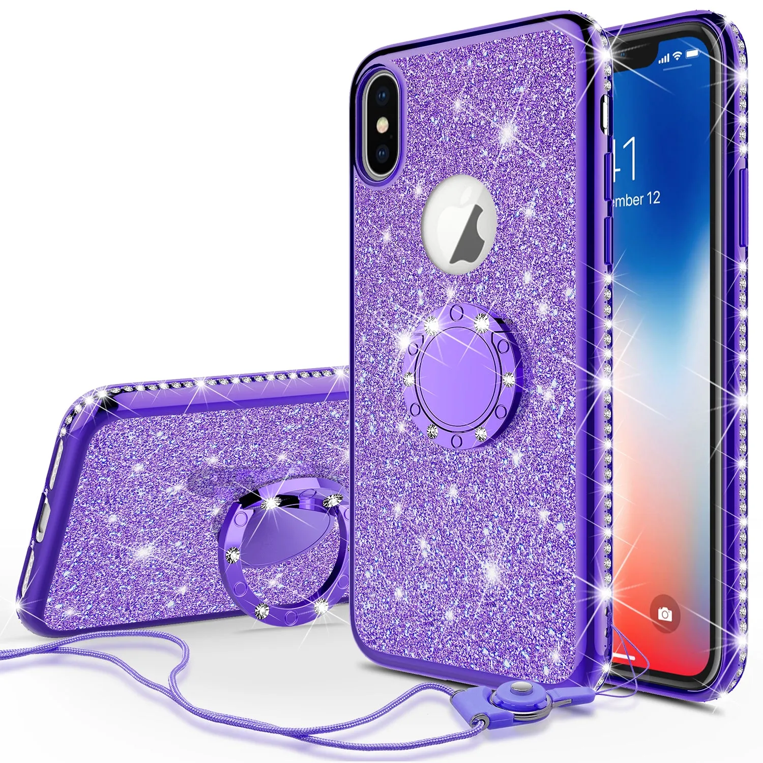 Apple iPhone X , iPhone Ten Case, Glitter Cute Phone Case Girls with Kickstand,Bling Diamond Rhinestone Bumper Ring Stand Sparkly Luxury Clear Thin Soft Protective Apple iPhone X Case for Girl Women - Purple