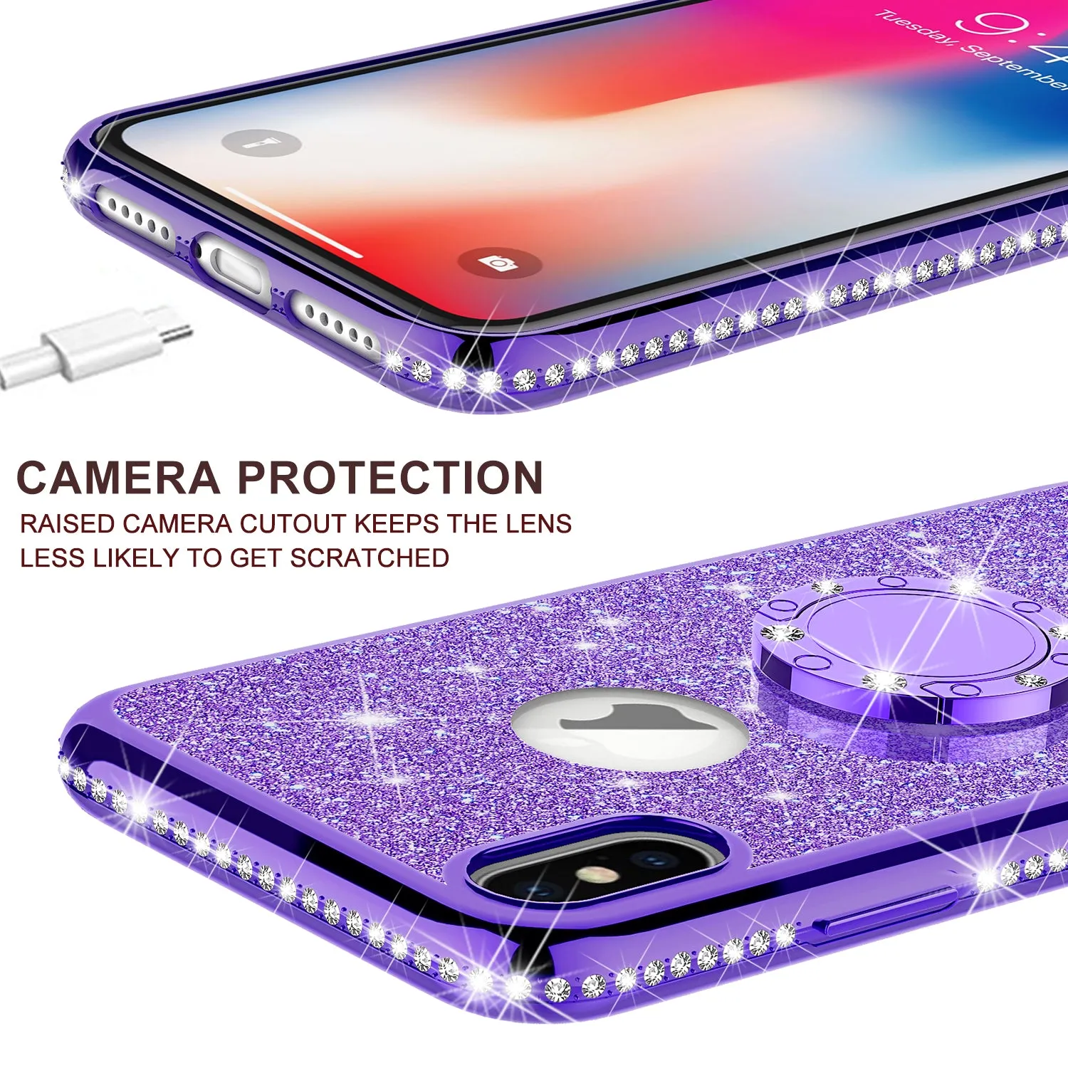 Apple iPhone X , iPhone Ten Case, Glitter Cute Phone Case Girls with Kickstand,Bling Diamond Rhinestone Bumper Ring Stand Sparkly Luxury Clear Thin Soft Protective Apple iPhone X Case for Girl Women - Purple