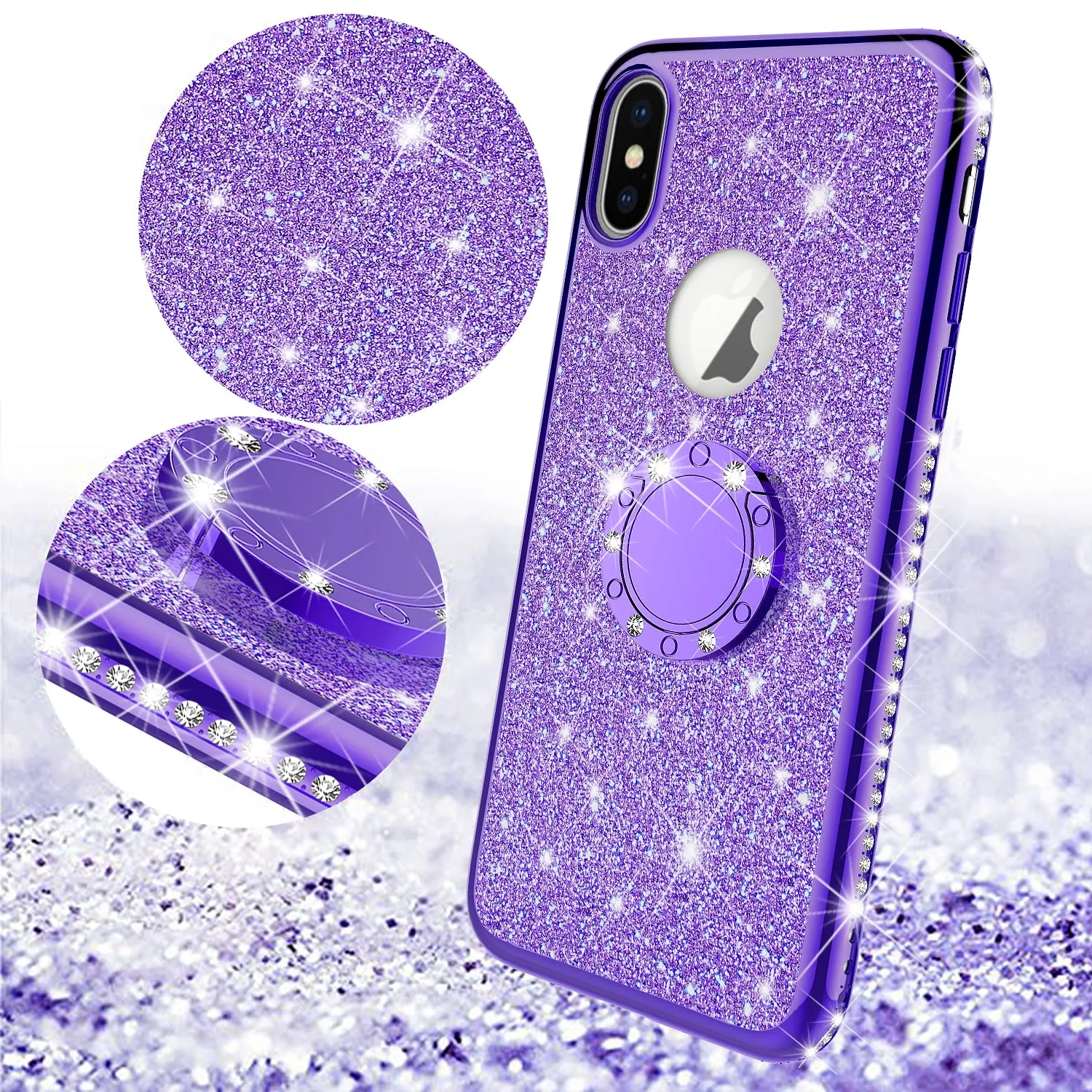 Apple iPhone X , iPhone Ten Case, Glitter Cute Phone Case Girls with Kickstand,Bling Diamond Rhinestone Bumper Ring Stand Sparkly Luxury Clear Thin Soft Protective Apple iPhone X Case for Girl Women - Purple