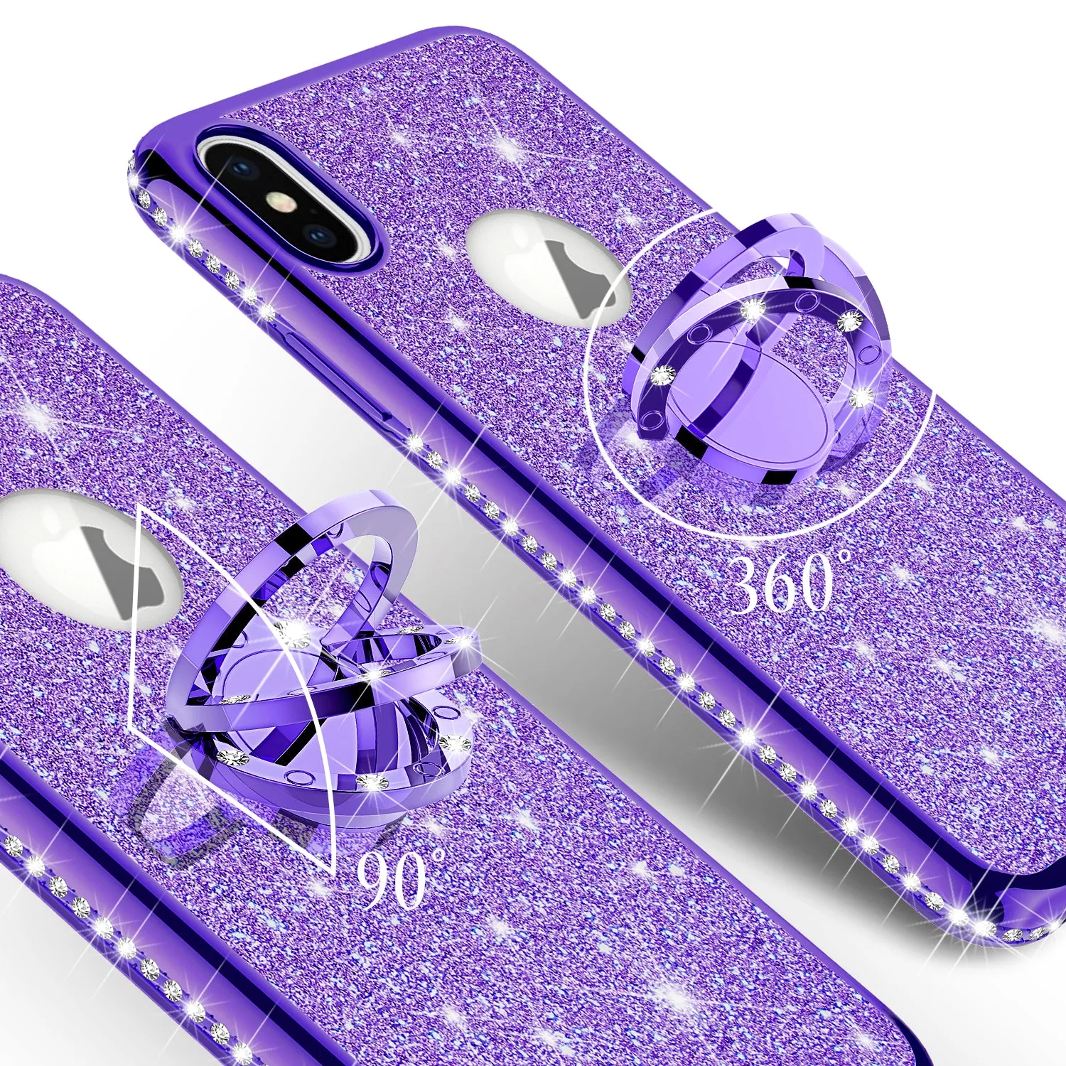 Apple iPhone XR , Apple A1984 Case, Glitter Cute Phone Case Girls with Kickstand,Bling Diamond Rhinestone Bumper Ring Stand Sparkly Luxury Clear Thin Soft Protective Apple iPhone XR Case for Girl Women - Purple