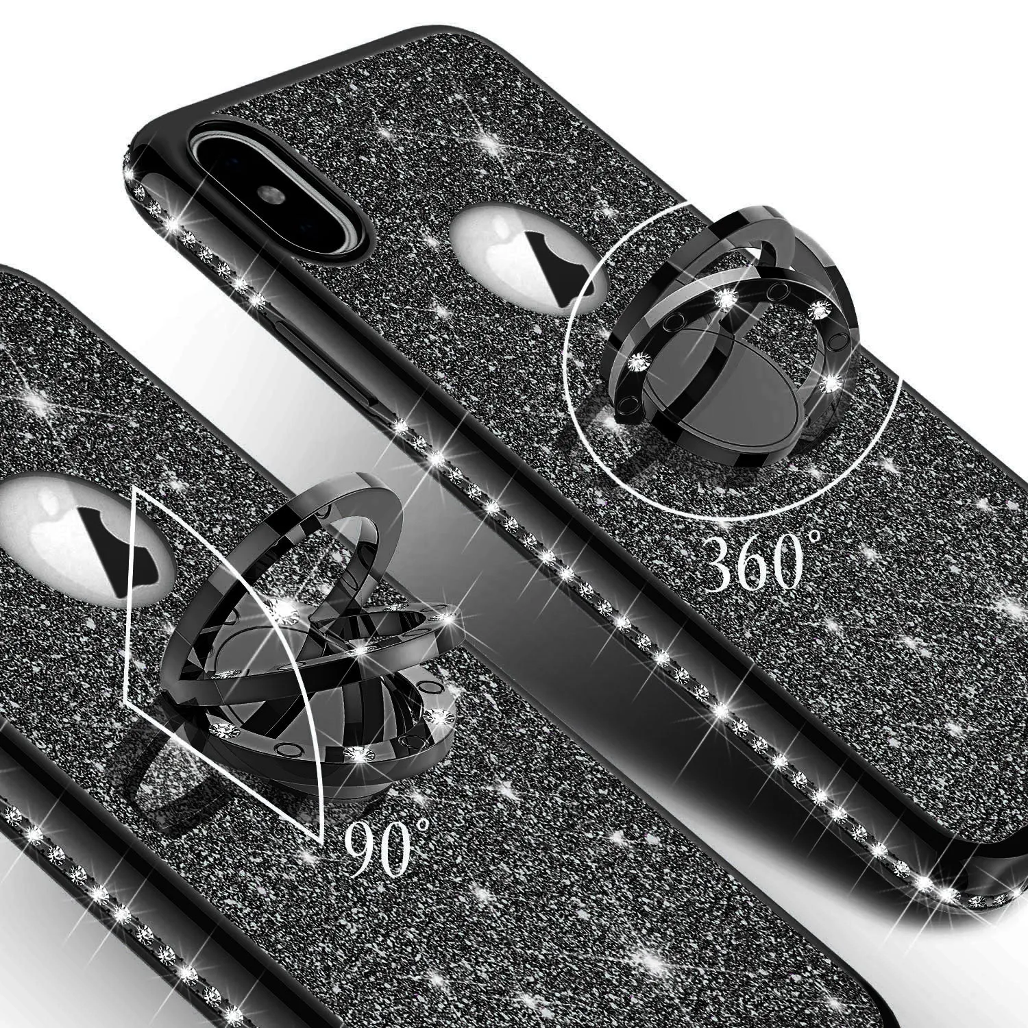 Apple iPhone XS Max , Apple A1921 Case, Glitter Cute Phone Case Girls with Kickstand,Bling Diamond Rhinestone Bumper Ring Stand Sparkly Luxury Clear Thin Soft Protective Apple iPhone XS Max Case for Girl Women - Black