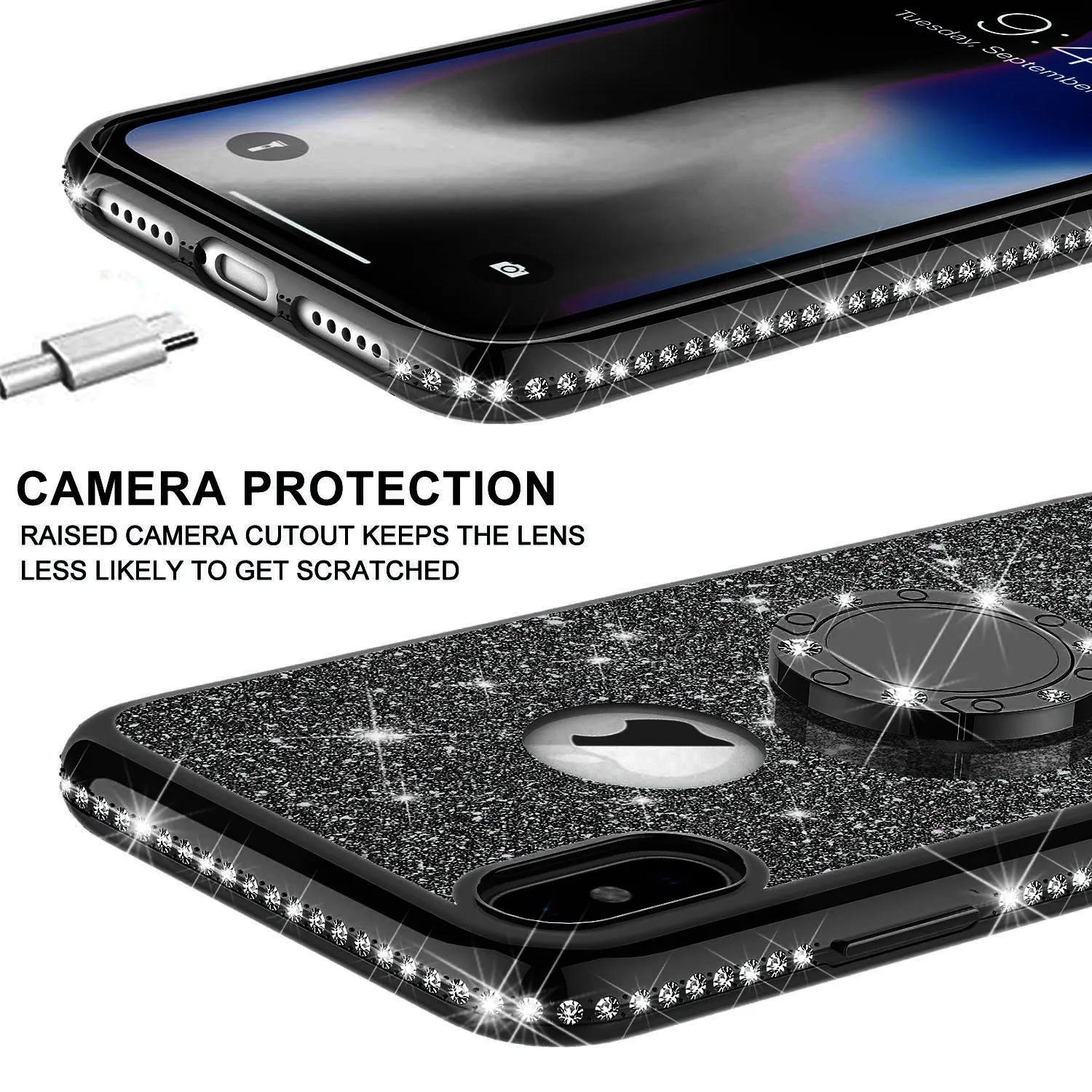 Apple iPhone XS Max , Apple A1921 Case, Glitter Cute Phone Case Girls with Kickstand,Bling Diamond Rhinestone Bumper Ring Stand Sparkly Luxury Clear Thin Soft Protective Apple iPhone XS Max Case for Girl Women - Black