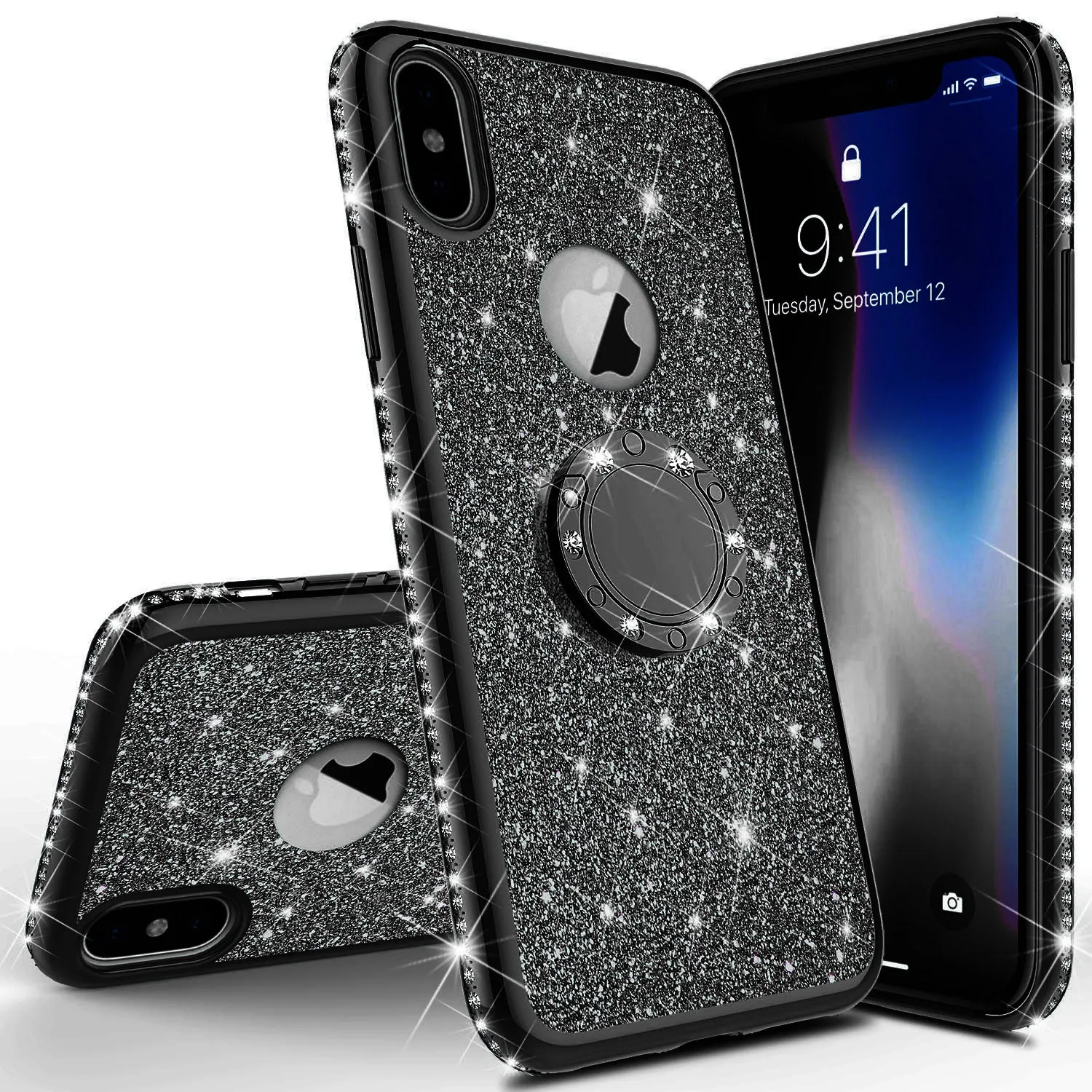 Apple iPhone XS Max , Apple A1921 Case, Glitter Cute Phone Case Girls with Kickstand,Bling Diamond Rhinestone Bumper Ring Stand Sparkly Luxury Clear Thin Soft Protective Apple iPhone XS Max Case for Girl Women - Black