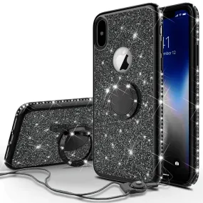 Apple iPhone XS Max , Apple A1921 Case, Glitter Cute Phone Case Girls with Kickstand,Bling Diamond Rhinestone Bumper Ring Stand Sparkly Luxury Clear Thin Soft Protective Apple iPhone XS Max Case for Girl Women - Black