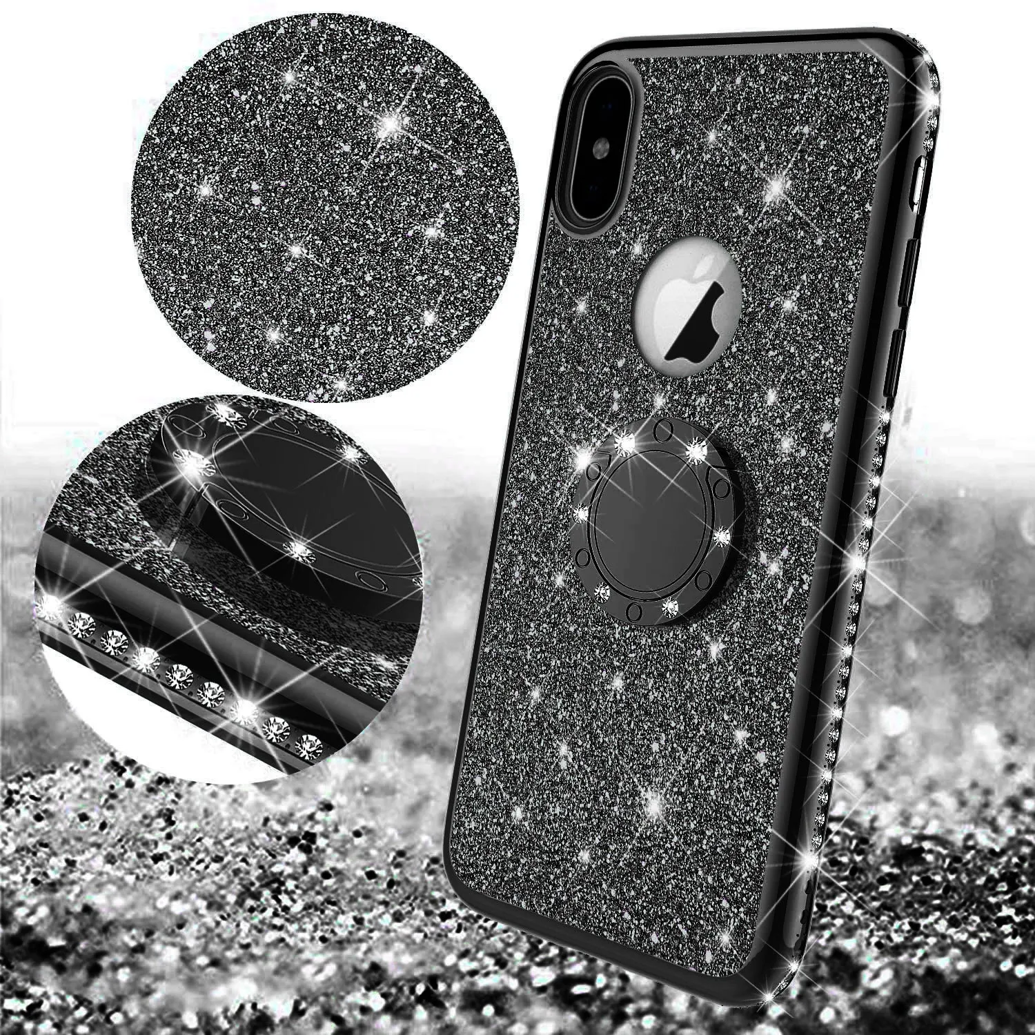 Apple iPhone XS Max , Apple A1921 Case, Glitter Cute Phone Case Girls with Kickstand,Bling Diamond Rhinestone Bumper Ring Stand Sparkly Luxury Clear Thin Soft Protective Apple iPhone XS Max Case for Girl Women - Black