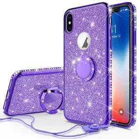 Apple iPhone XS Max , Apple A1921 Case, Glitter Cute Phone Case Girls with Kickstand,Bling Diamond Rhinestone Bumper Ring Stand Sparkly Luxury Clear Thin Soft Protective Apple iPhone XS Max Case for Girl Women - Purple