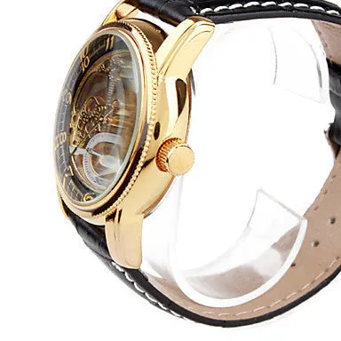 Automatic Self Wind Watch, Skeleton Watch Men Gold Hollow Engraving Elegant Genuine Leather Strap watches