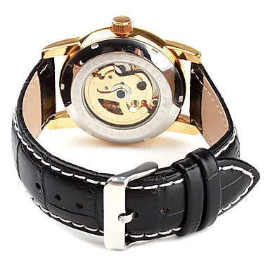 Automatic Self Wind Watch, Skeleton Watch Men Gold Hollow Engraving Elegant Genuine Leather Strap watches