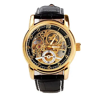 Automatic Self Wind Watch, Skeleton Watch Men Gold Hollow Engraving Elegant Genuine Leather Strap watches