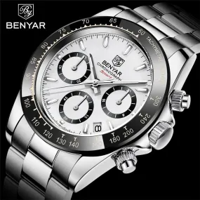 Benyar Men's Luxury Brand Chronograph Sport Waterproof Stainless Steel Quartz Watch