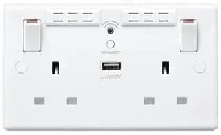 British General Square Edge 13A 2 Gang Switched Socket with Wi-Fi Extender   1x USB-A 2.1A - White