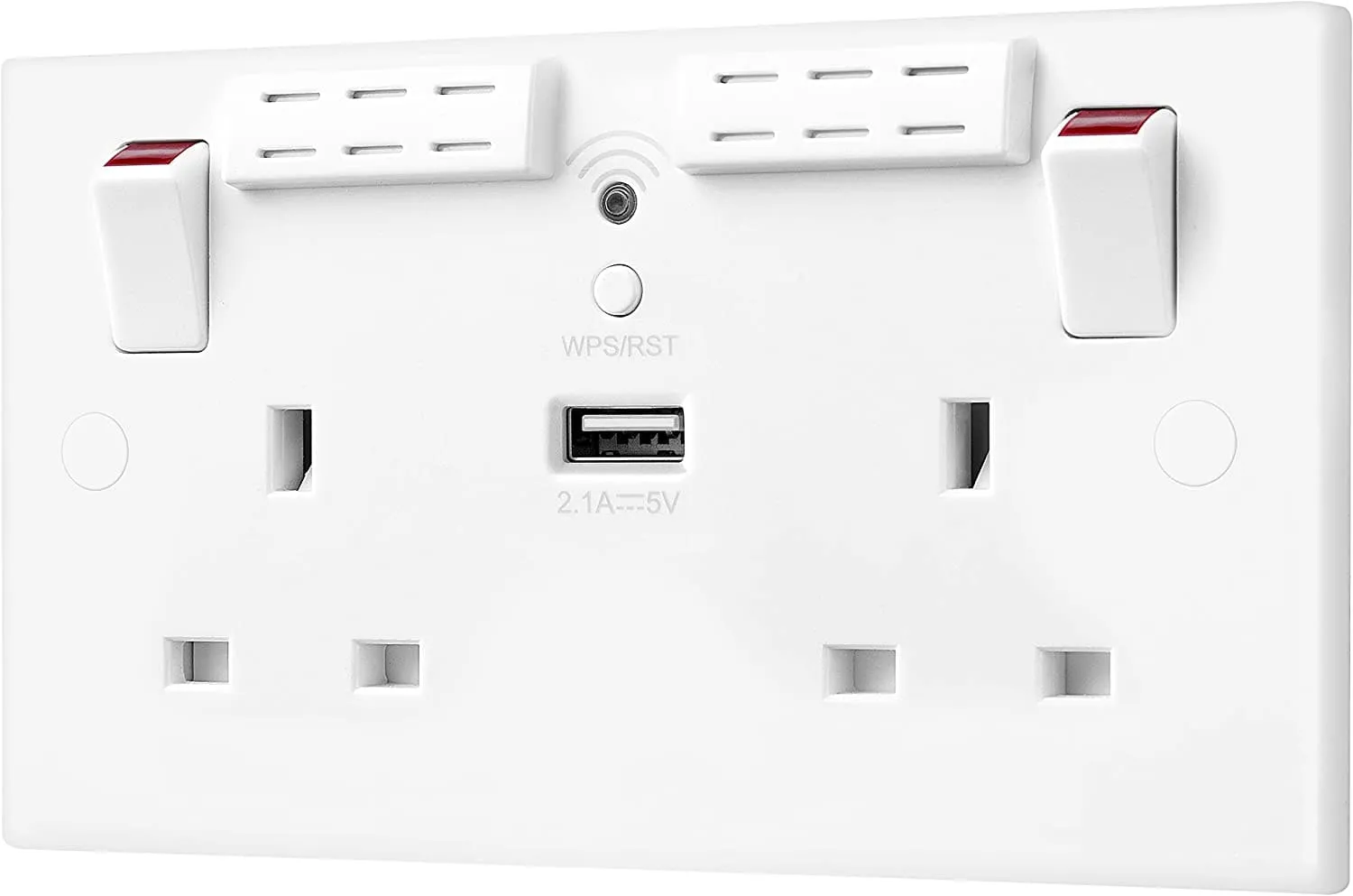 British General Square Edge 13A 2 Gang Switched Socket with Wi-Fi Extender   1x USB-A 2.1A - White