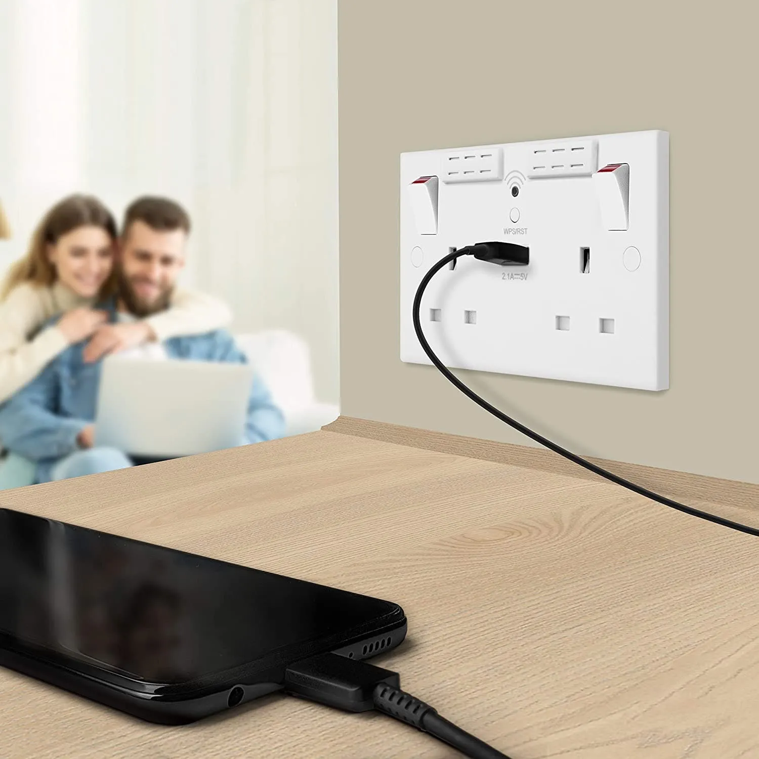 British General Square Edge 13A 2 Gang Switched Socket with Wi-Fi Extender   1x USB-A 2.1A - White