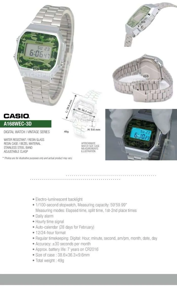 Casio A168WEC-3DF Silver Camouflage Stainless Watch for Men and Women