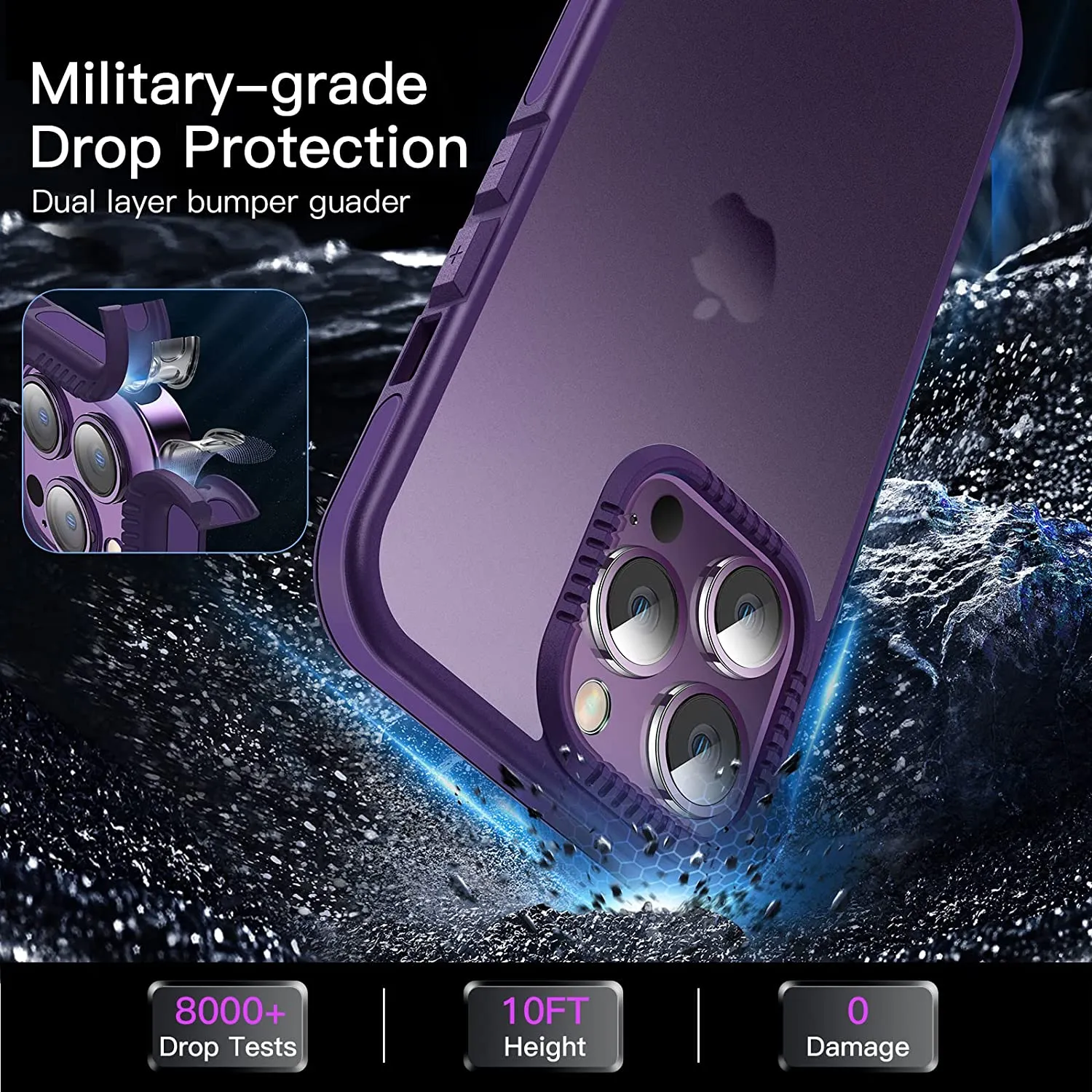 Casus Shockproof Translucent Matte Hard Back Cover iPhone 14 Pro Case  Purple