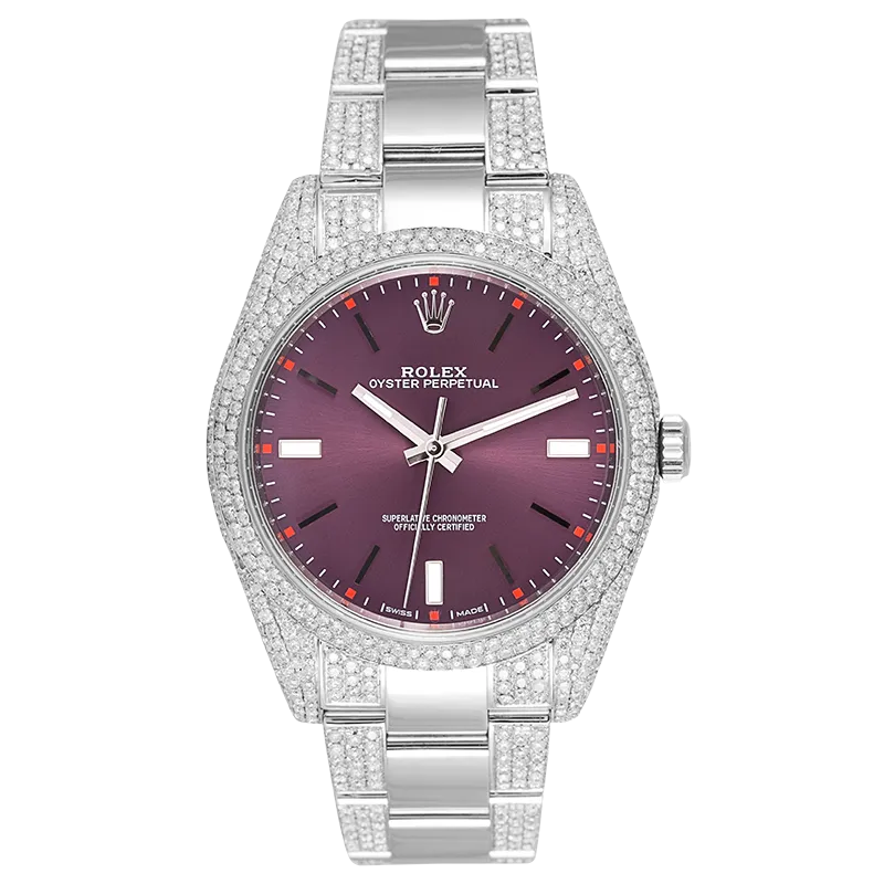 Custom Diamond Set Rolex Oyster Perpetual 39 Stainless Steel Red Grape 114300