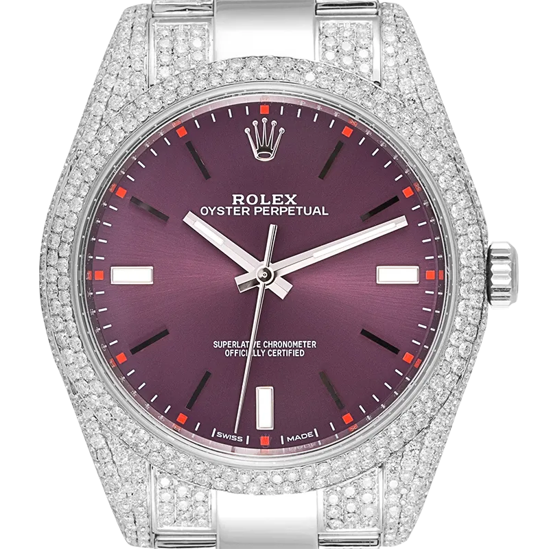 Custom Diamond Set Rolex Oyster Perpetual 39 Stainless Steel Red Grape 114300