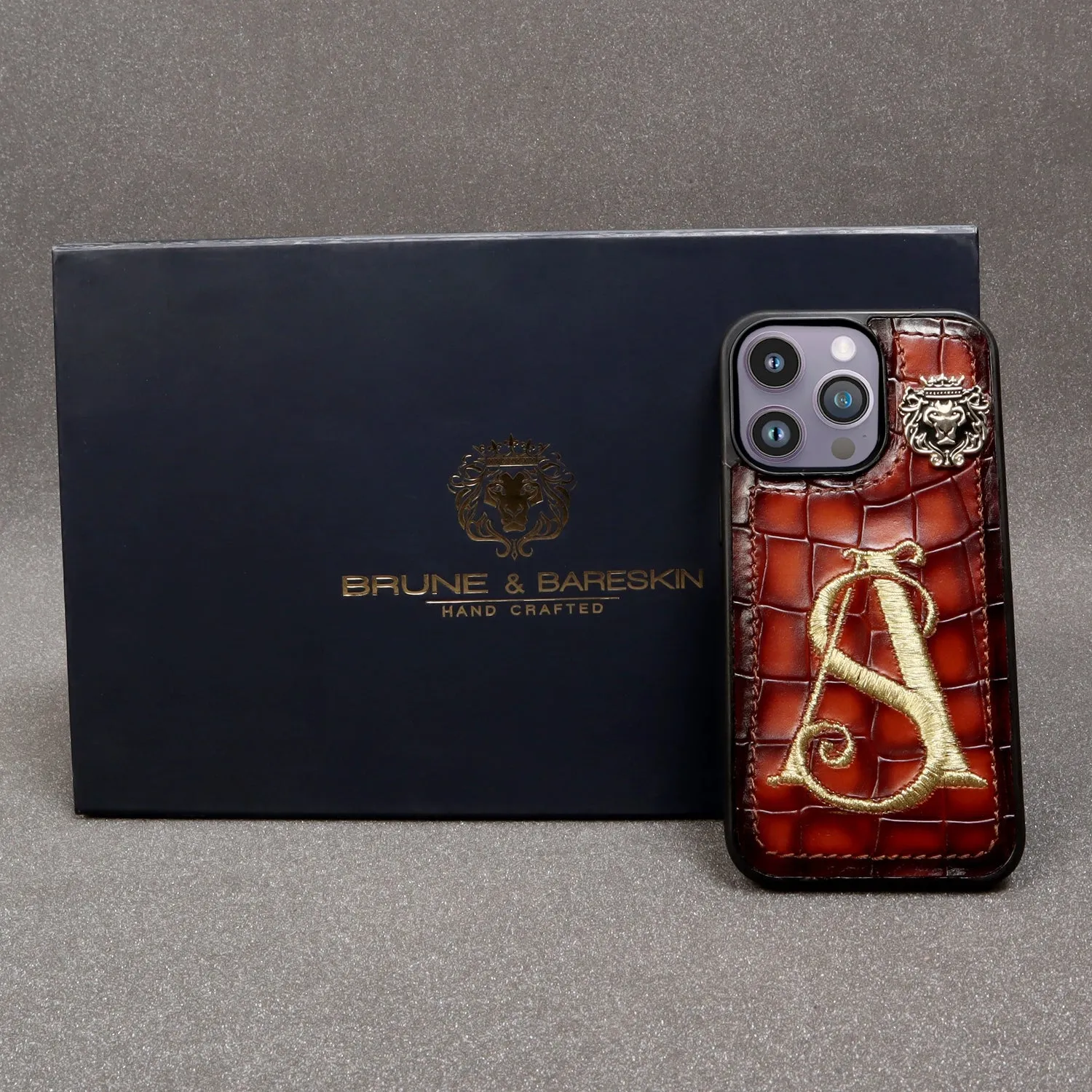 Customized "AS" Zardosi Initial Deep Cut Leather Apple Mobile Cover With Metal Lion Logo By Brune & Bareskin