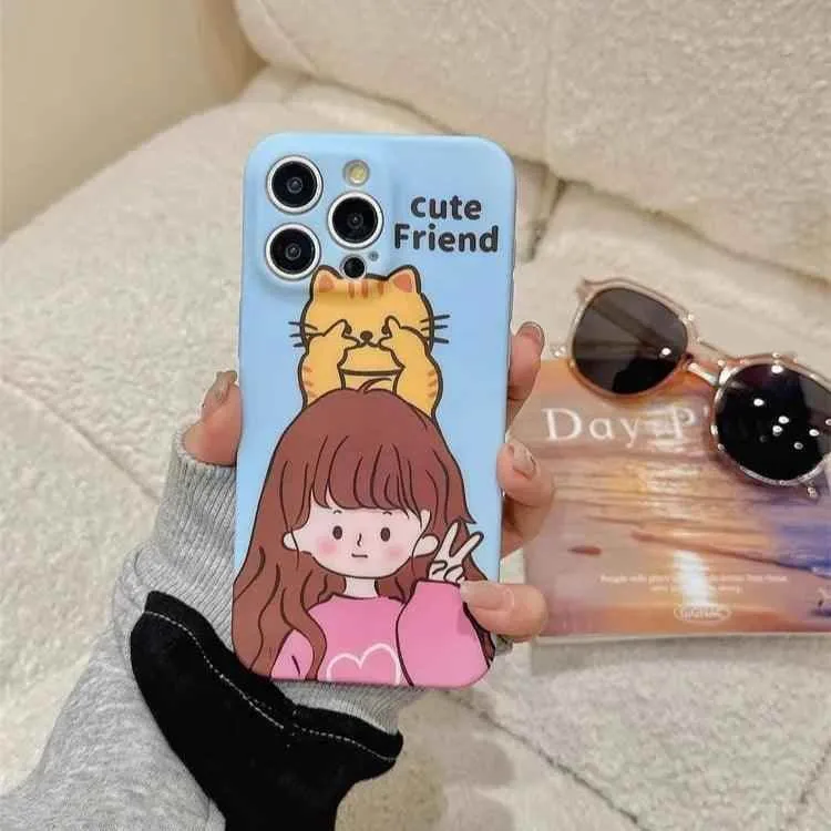 Cute Phone Cases for iPhone 11, 12, 13, 14, or 15 Pro Max - Cartoon Girl & Cat Friends - Silicone Cover - TSP207