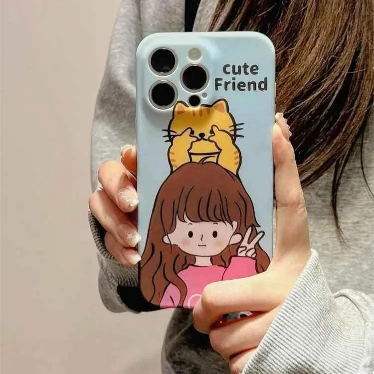 Cute Phone Cases for iPhone 11, 12, 13, 14, or 15 Pro Max - Cartoon Girl & Cat Friends - Silicone Cover - TSP207