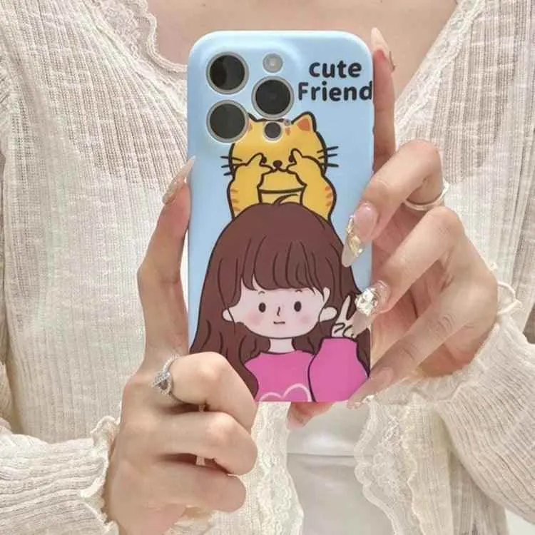 Cute Phone Cases for iPhone 11, 12, 13, 14, or 15 Pro Max - Cartoon Girl & Cat Friends - Silicone Cover - TSP207