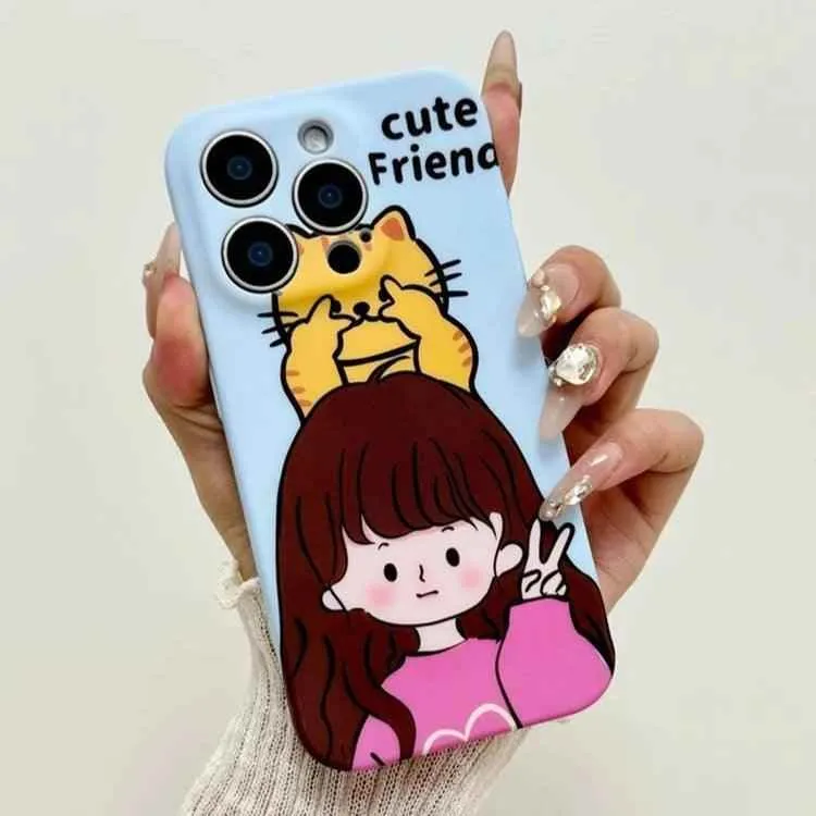 Cute Phone Cases for iPhone 11, 12, 13, 14, or 15 Pro Max - Cartoon Girl & Cat Friends - Silicone Cover - TSP207