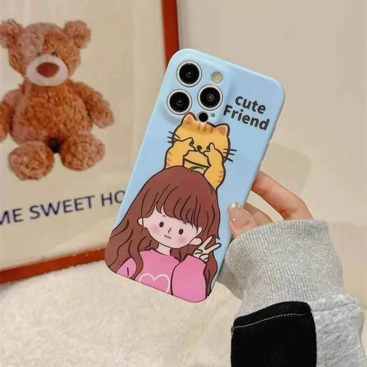 Cute Phone Cases for iPhone 11, 12, 13, 14, or 15 Pro Max - Cartoon Girl & Cat Friends - Silicone Cover - TSP207