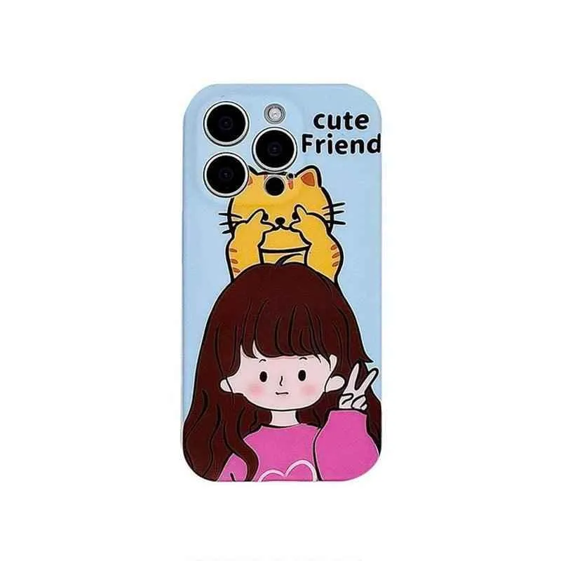 Cute Phone Cases for iPhone 11, 12, 13, 14, or 15 Pro Max - Cartoon Girl & Cat Friends - Silicone Cover - TSP207