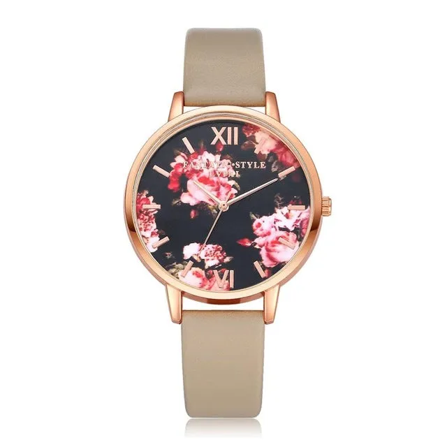 Floral Dial Casual Leather Watch