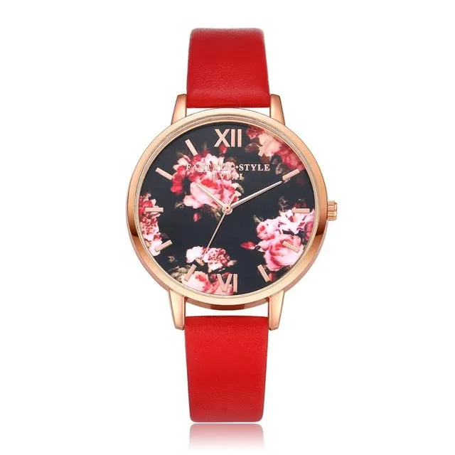 Floral Dial Casual Leather Watch