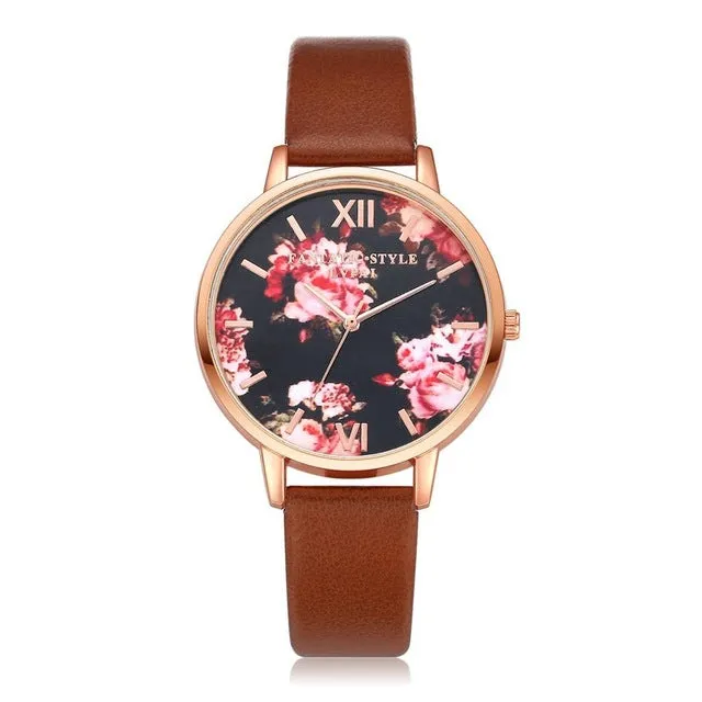 Floral Dial Casual Leather Watch