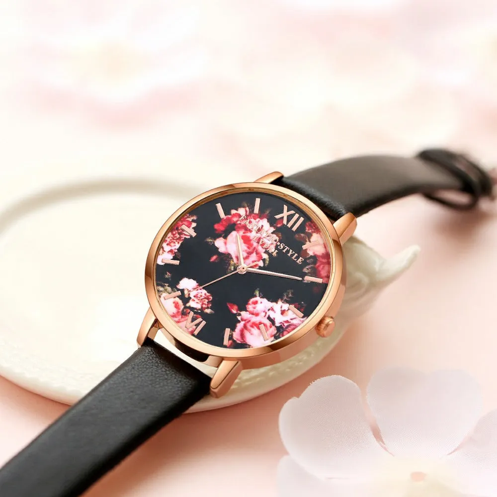 Floral Dial Casual Leather Watch