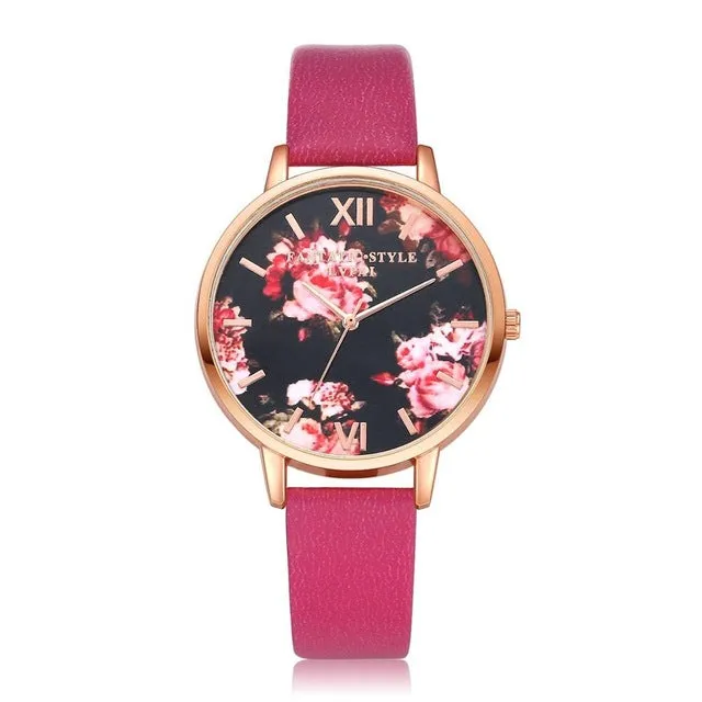 Floral Dial Casual Leather Watch