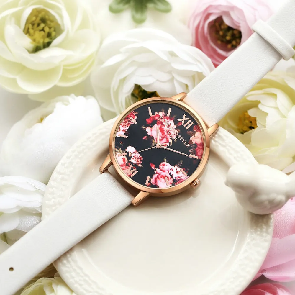 Floral Dial Casual Leather Watch