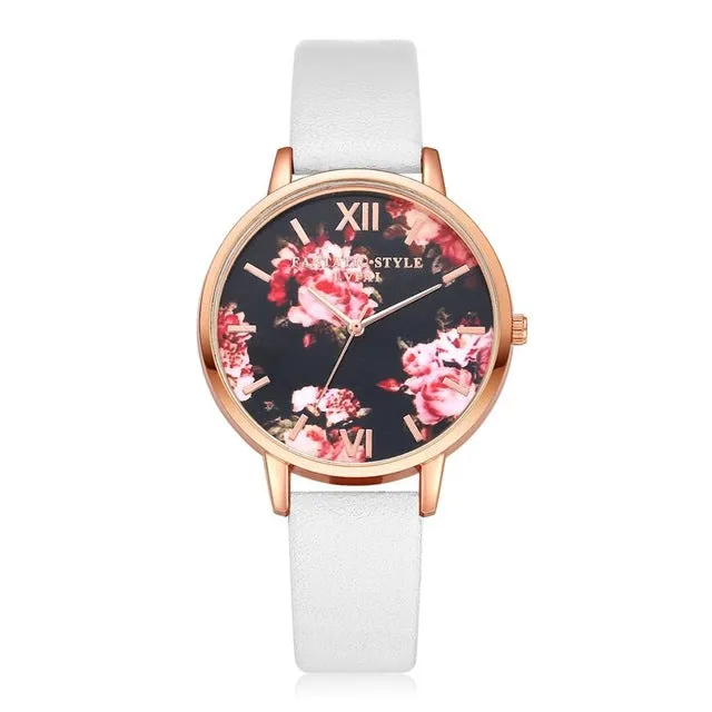 Floral Dial Casual Leather Watch