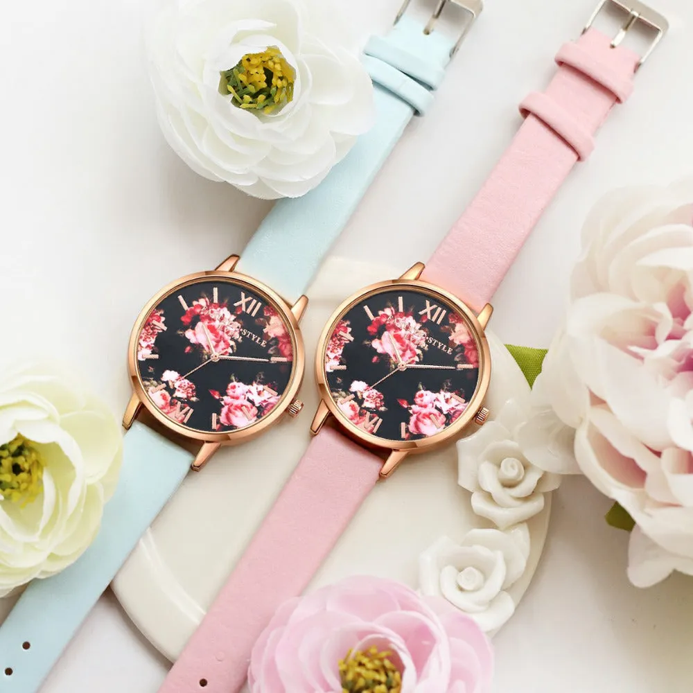 Floral Dial Casual Leather Watch