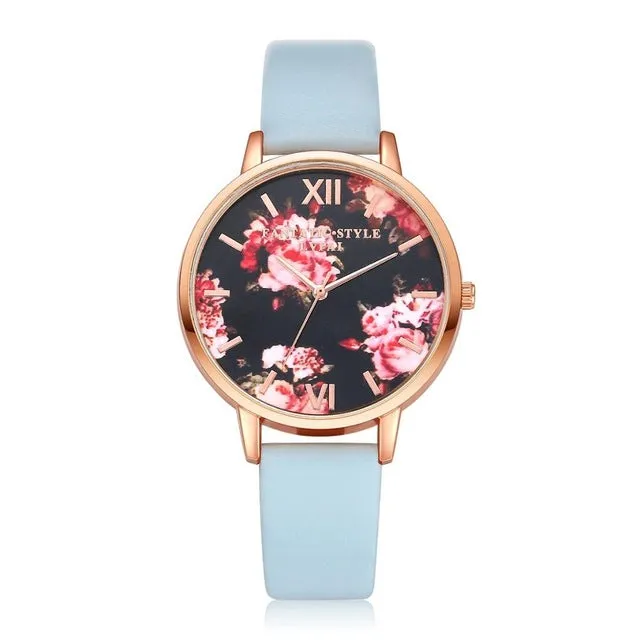 Floral Dial Casual Leather Watch