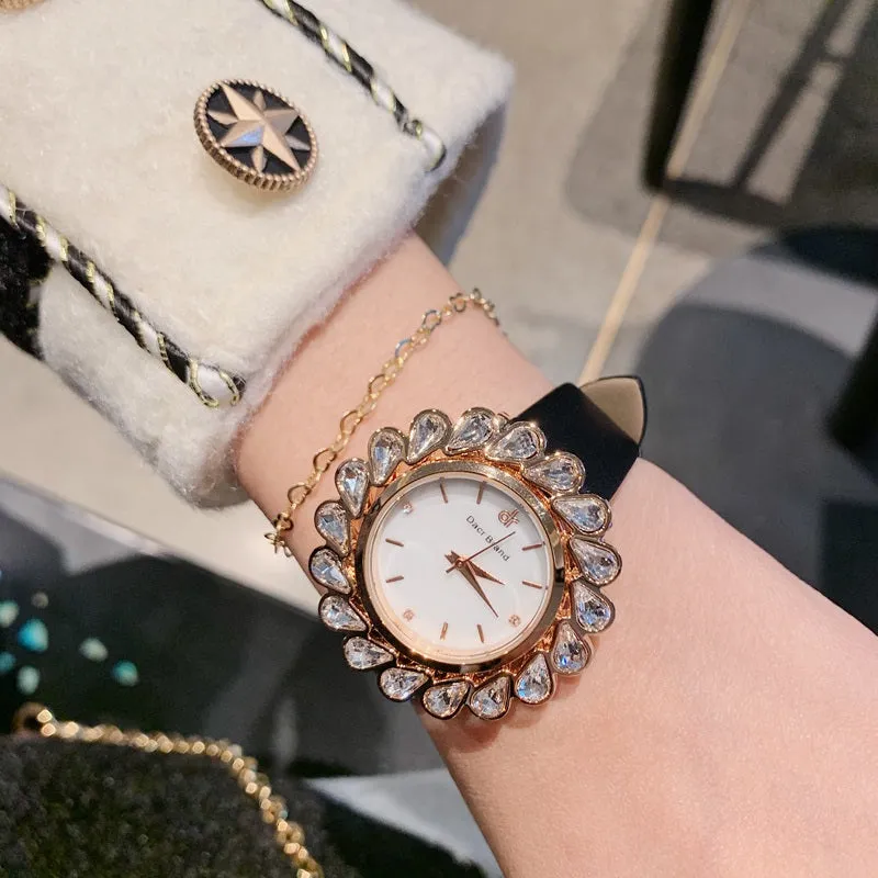 Flower Design Zircon Leather Strap Women's Watch